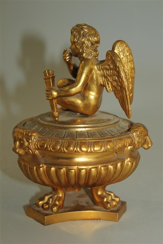 An Empire style gilt bronze inkwell and cover, first half 19th century, 6in.